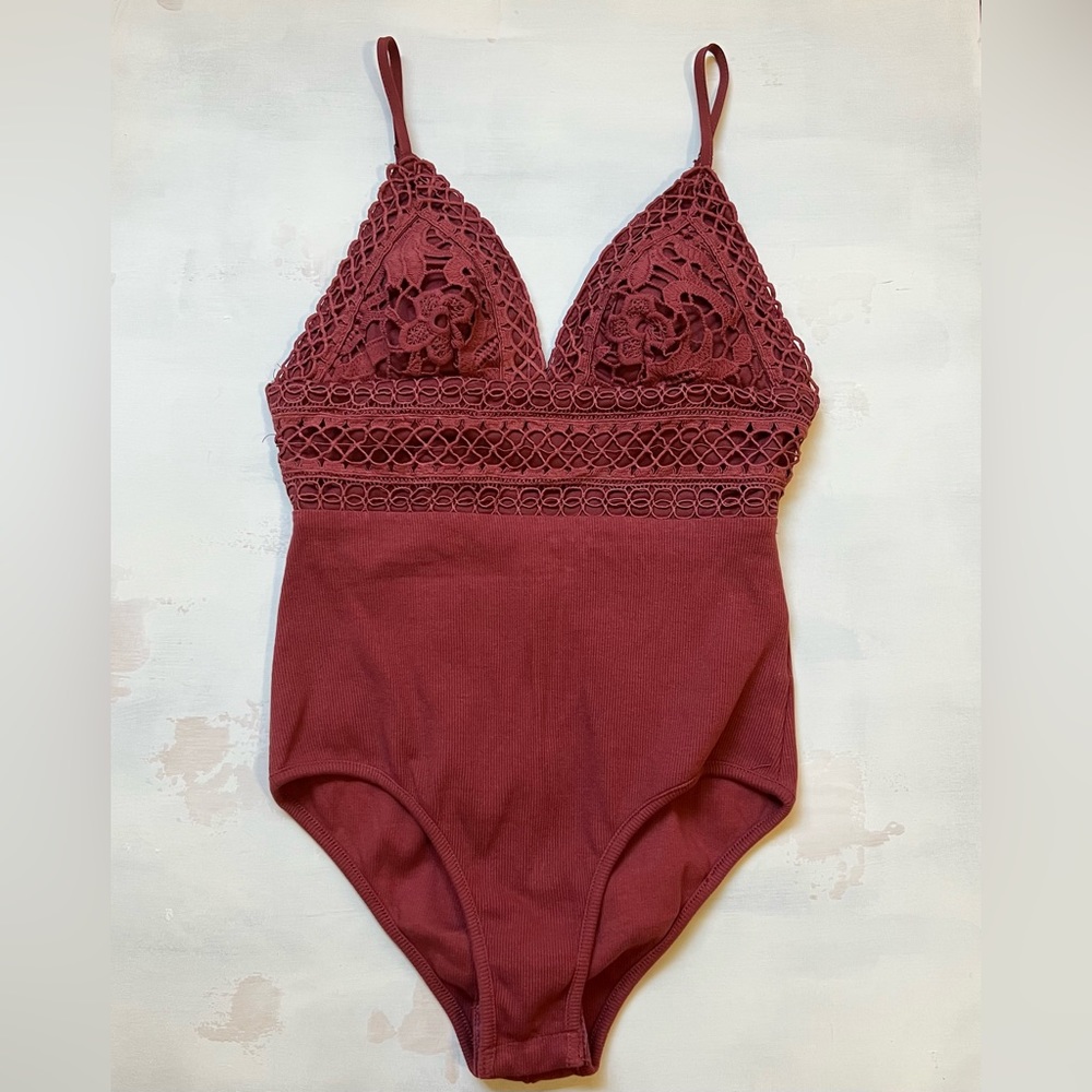 Womens Saint + Secrets Rust Orange Crochet Bodysuit Tank Size XS